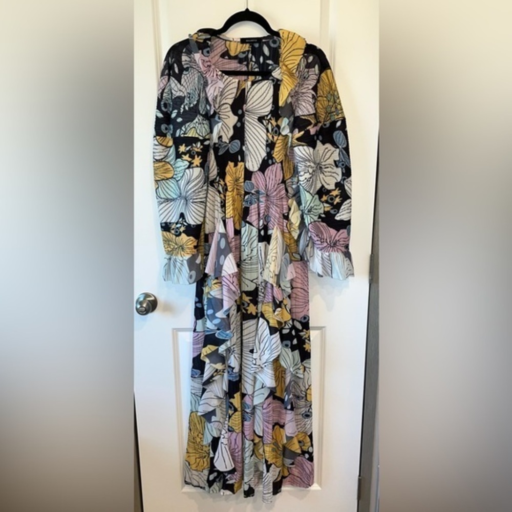 RARE! BeulahStyle Long Maxi Funky Pleated Art Geometric Multicolor Dress
